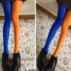 NWT two color orange blue stockings one hue each leg fun tights thick denier OS